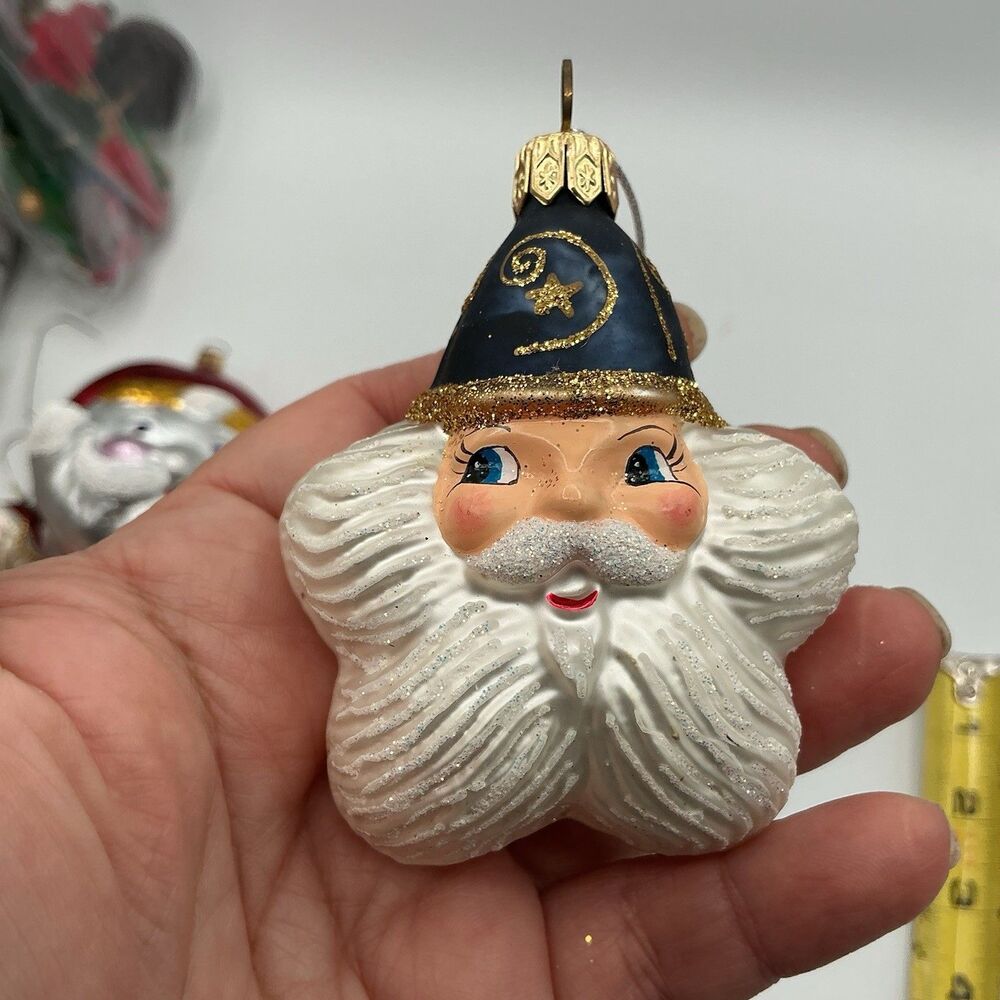 Vintage Glass Santa Head Christmas Ornament Blue Hat Glitter Mercury Glass